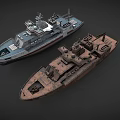Modern White Red Stripe Ship With Rusted Vintage Vessel And Deck Facilities