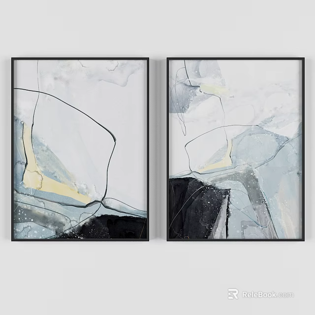 Two Panel Black Framed Abstract Paintings With Geometric Lines And Color Blocks 3d model