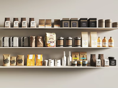 Organized Coffee Product Display Set Featuring Various Packaging Bags Cans Bottles On White Shelves 3d model