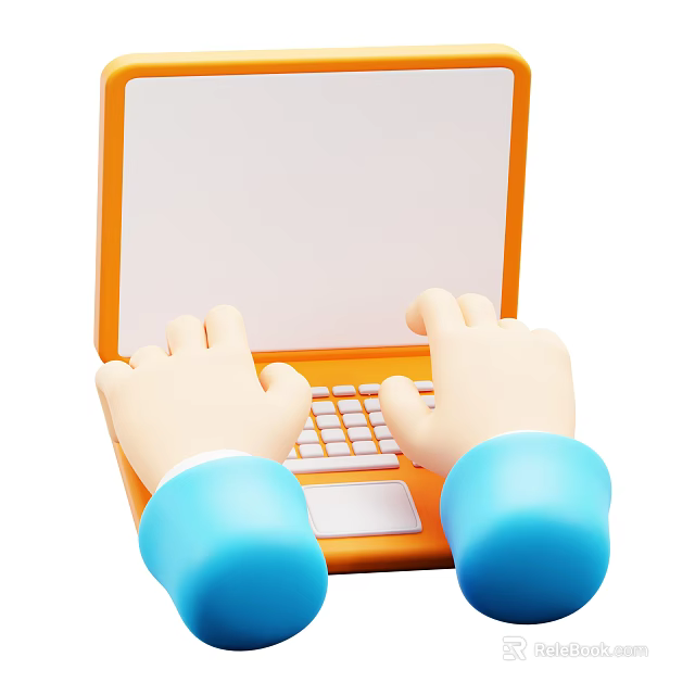 Smart Intelligent Laptop Being Operated by Hands with Blue Sleeves on Orange Keyboard 3d model 