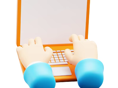 Smart Intelligent Laptop Being Operated by Hands with Blue Sleeves on Orange Keyboard 3d model
