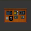 Computer Control Console With Orange Wooden Cabinet And Multiple Electronic Device Panels 3d model