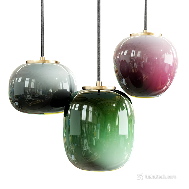 Modern Round Glass Pendant Lights in Gray Green and Purple Hues 3d model 