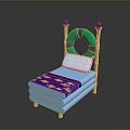 Blue Bed With Yellow Posts Green Purple Lifebuoy Decoration White Mattress And Purple Bedspread