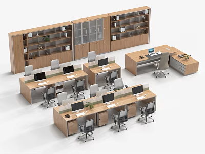 Modern Office Desk And Chair Set With Bookshelves And Computer Workstations In Workspace 3d model