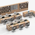 Modern Office Desk And Chair Set With Bookshelves And Computer Workstations In Workspace
