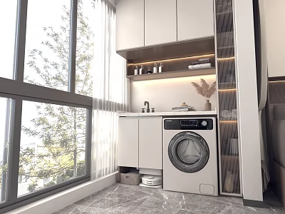 Modern Home Balcony Interior With White Washing Machine Large Windows And Cabinetry 3d model