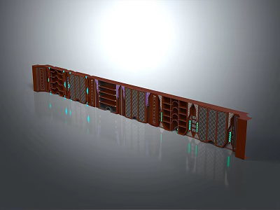 Long Brown Wooden Shelving Unit With Grid Doors Multiple Shelves And Reflective Surface 3d model