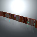 Long Brown Wooden Shelving Unit With Grid Doors Multiple Shelves And Reflective Surface