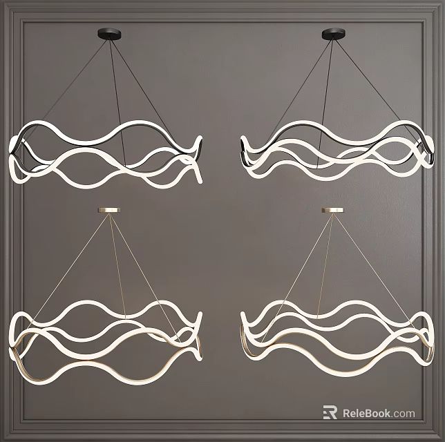 Modern Wave Design Chandeliers With White Curved Frames And Gold Accents For Contemporary Interior Decoration 3d model 