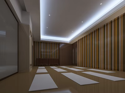 Spacious Fitness Studio Interior With Aligned Yoga Mats And Striped Walls 3d model