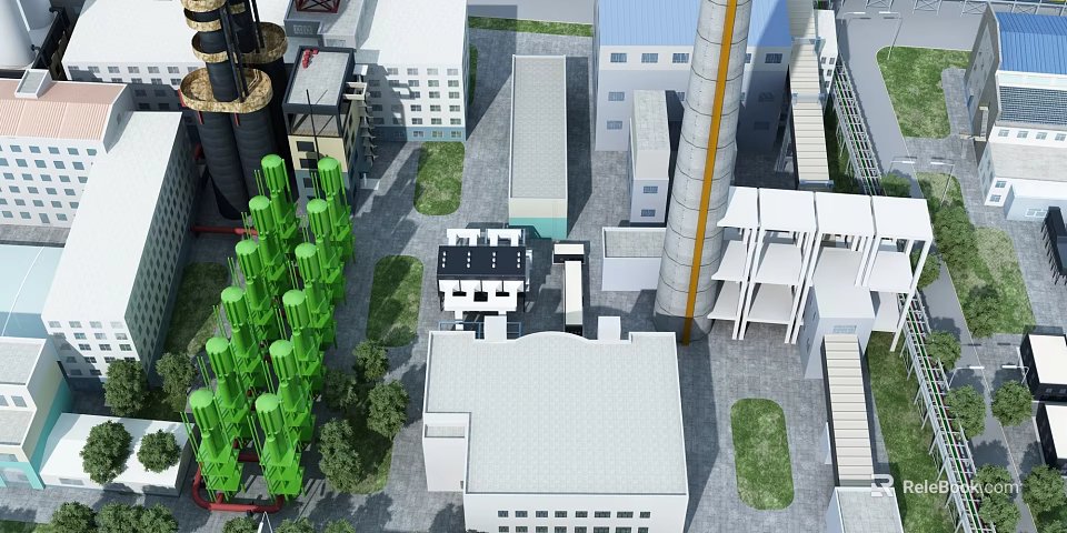 Industrial Factory Complex With Multiple Buildings Chimneys Green Structures And Roof Layout 3d model 