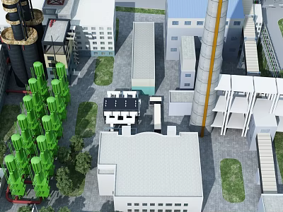 Industrial Factory Complex With Multiple Buildings Chimneys Green Structures And Roof Layout 3d model