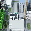 Industrial Factory Complex With Multiple Buildings Chimneys Green Structures And Roof Layout