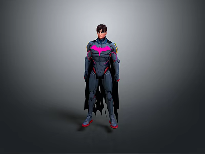 Detailed Modern Superhero Costume With Pink Blue Accents And Cape Standing 3d model