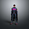 Detailed Modern Superhero Costume With Pink Blue Accents And Cape Standing