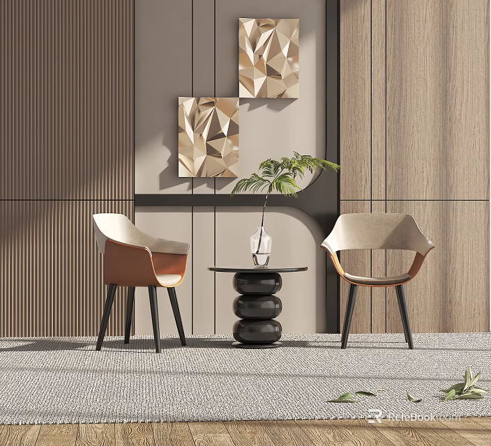 Casual Sofa Set Featuring Two Accent Chairs Round Side Table And Plant Decor 3d model