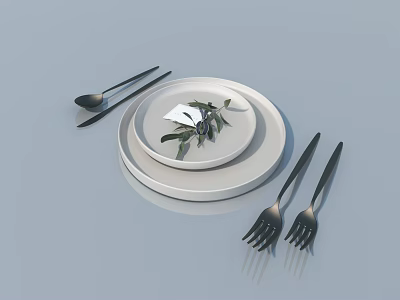 White Stacked Plates With Olive Branch Small Card And Black Cutlery On Light Blue Background 3d model