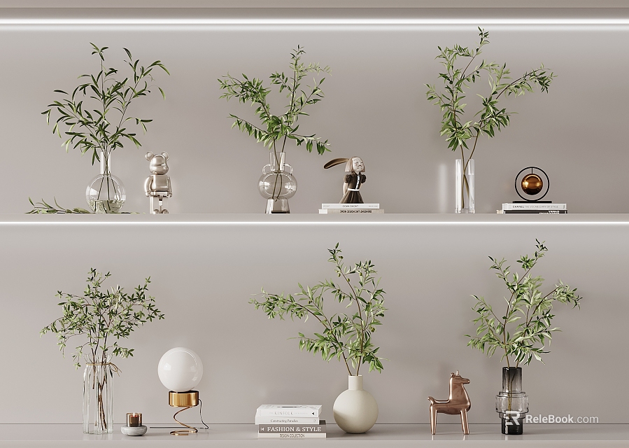 Decorative Vases With Green Plants On Modern Two Tier Shelves And Ornaments Books Table Lamp 3d model 