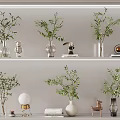 Decorative Vases With Green Plants On Modern Two Tier Shelves And Ornaments Books Table Lamp