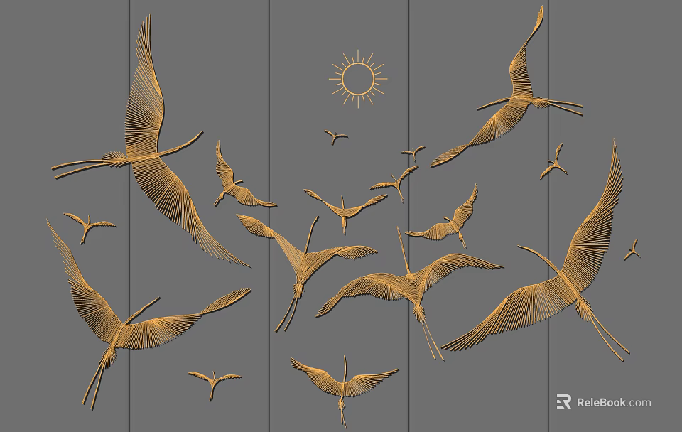 Golden Flying Cranes And Sun Decorative Wall Decor On Gray Wooden Panel 3d model 