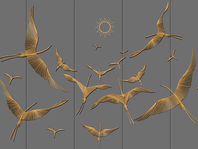 Golden Flying Cranes And Sun Decorative Wall Decor On Gray Wooden Panel 3d model