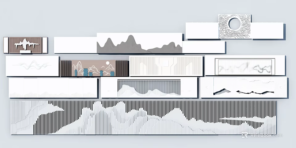 Modern Background Wall Design With Mountain Prints Geometric Patterns And Striped Panels 3d model