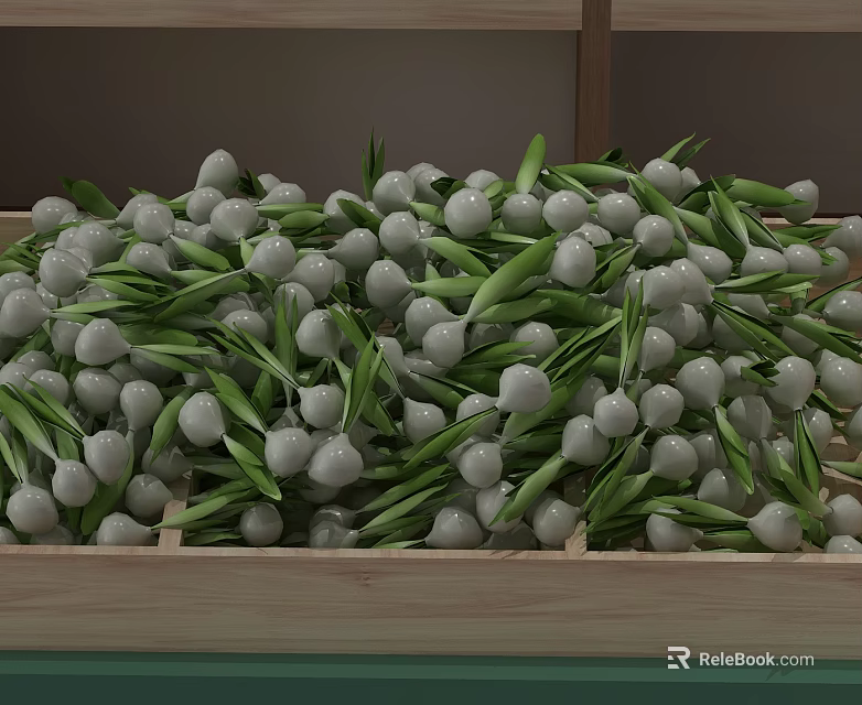Commercial Wooden Grid Shelf For Displaying White Bulbous Items With Green Stems 3d model 