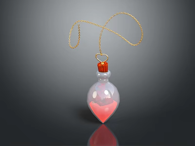 Heart Shaped Glass Bottle Pendant With Pink Content Red Cap And Gold Chain 3d model