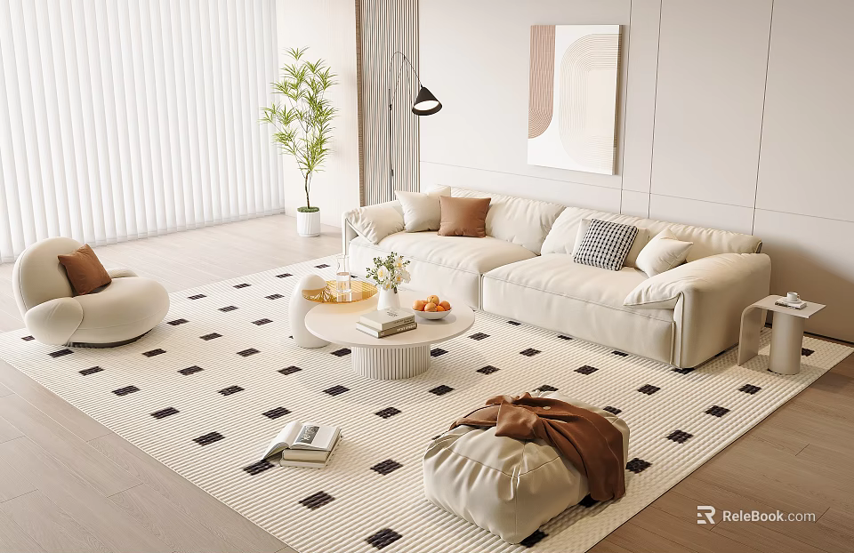 Modern White Sofa and Coffee Table Set with Pillows on Black White Checkered Rug in Minimalist Living Space 3d model 