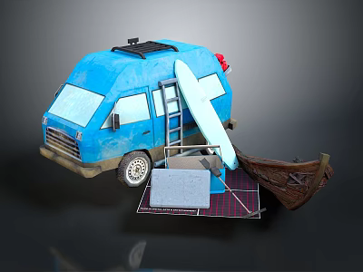 Blue Camper Van With Roof Rack Ladder Surfboard Mat And Tent 3d model