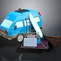 Blue Camper Van With Roof Rack Ladder Surfboard Mat And Tent