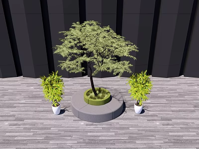 Lush Arbor Tree With Circular Base And Two Small Potted Plants On Wooden Floor 3d model