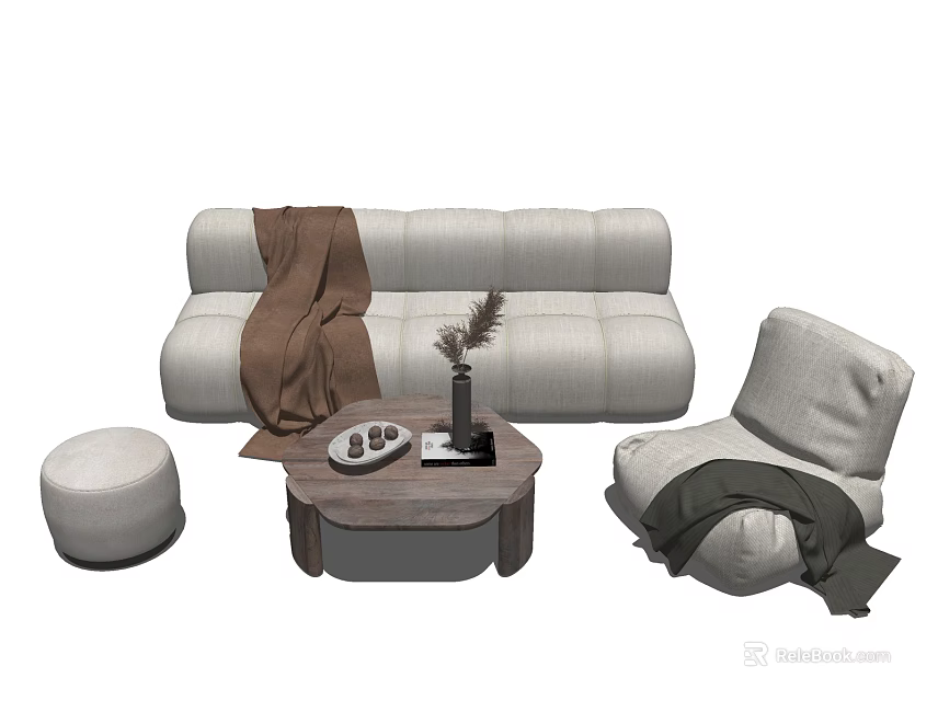 Cozy Upholstered Sofa Coffee Table Set with Blanket Ottoman Armchair and Decorations 3d model 