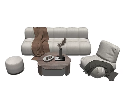 Cozy Upholstered Sofa Coffee Table Set with Blanket Ottoman Armchair and Decorations 3d model