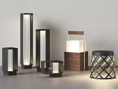 Modern Outdoor Lights With Stylish Designs Featuring Geometric Patterns And Wooden Accents 3d model