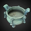 Ancient Chinese Bronze Tripod Cauldron With Decorative Carved Motifs And Three Legs