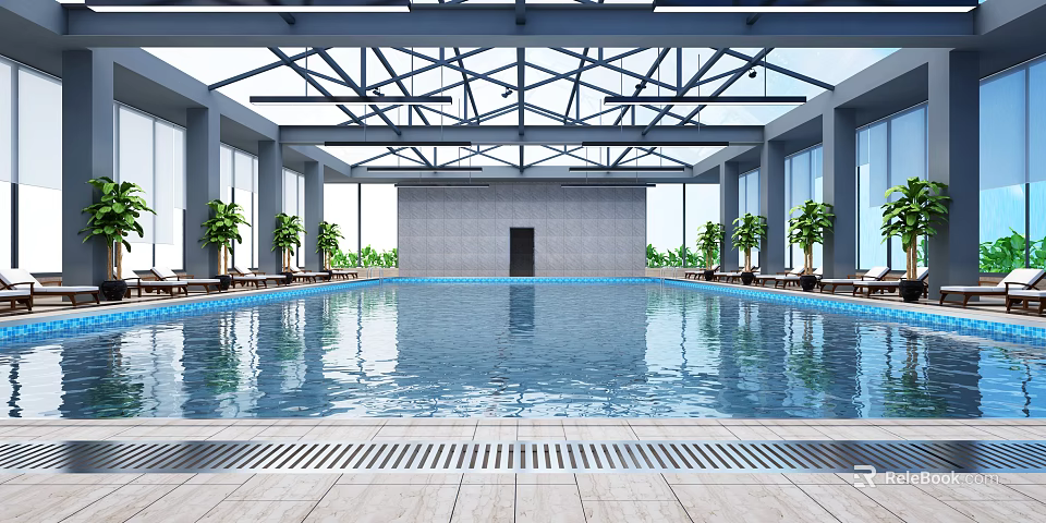 Spacious Indoor Swimming Pool With Glass Ceiling Metal Frame Lounge Chairs And Green Plants 3d model 