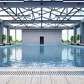 Spacious Indoor Swimming Pool With Glass Ceiling Metal Frame Lounge Chairs And Green Plants