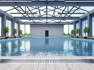 Spacious Indoor Swimming Pool With Glass Ceiling Metal Frame Lounge Chairs And Green Plants 3d model
