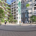 Modern Building Atrium Garden With Glass Dome Central Water Column Green Plants And Seating Areas
