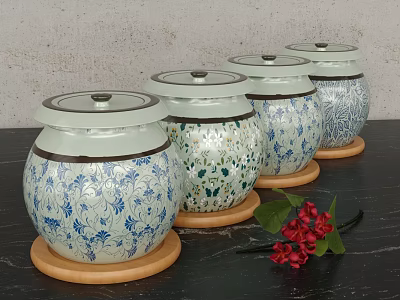 Ceramic Spice Jars With Blue And White Floral Patterns On Wooden Coasters 3d model