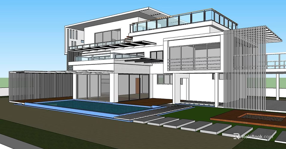 Modern Detached Villa With Swimming Pool Large Windows And Terrace 3d model 