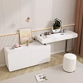 Modern White Dressing Table With Mirror Flower Vase Artwork Drawers And Pouf Stool