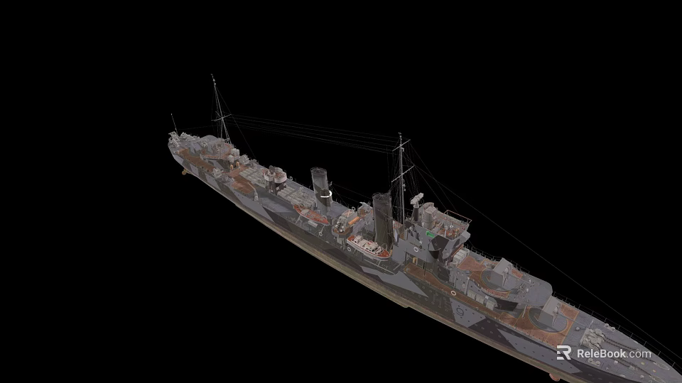 Detailed Vintage Warship Model With Camouflage Paint Turrets And Smokestacks 3d model 