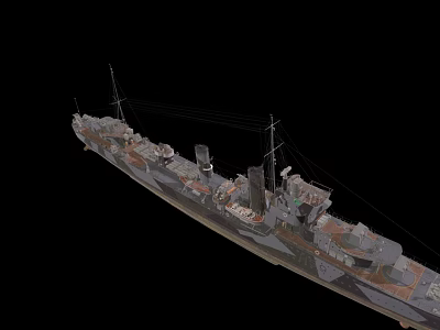 Detailed Vintage Warship Model With Camouflage Paint Turrets And Smokestacks 3d model