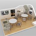 Modern Exhibition Booth Featuring Open Design Round Tables Chairs Wall Posters And Blue Decorations