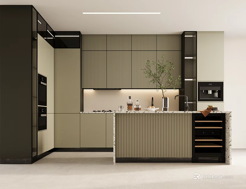 Modern Kitchen Interior With Striped Cabinets Island Counter And Green Plant Decor 3d model 