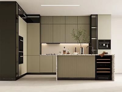 Modern Kitchen Interior With Striped Cabinets Island Counter And Green Plant Decor 3d model