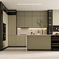 Modern Kitchen Interior With Striped Cabinets Island Counter And Green Plant Decor